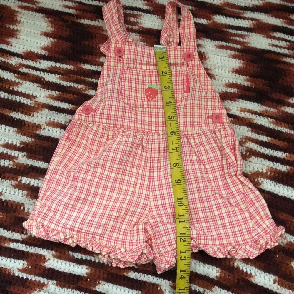 VTG RARE OshKosh B'gosh Pink Gingham Ruffle Strawberry Baby Overalls 12M HTF USA